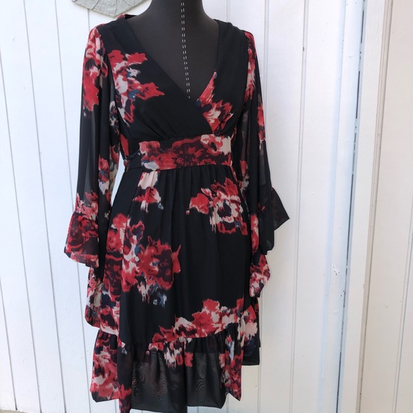 Betsey Johnson Dresses & Skirts - Betsey Johnson dress floral print surplice front size 2 black red bell sleeve